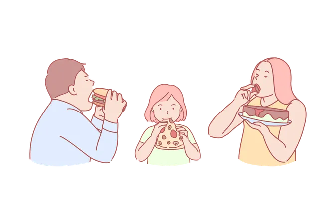 Fast Food Taste Obesity Calories Concept Family Eating Tasty Unhealthy High Caloric Harmful Fast Food Together Problem Of Extra Calories Consumption And Obesity Bad Habit Simple Flat Vector Illustration