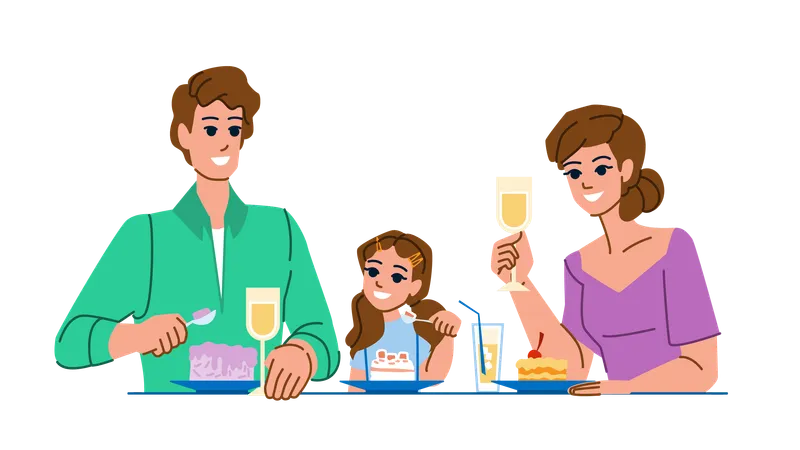 Family Eating Restaurant Vector Happy Lunch Mother Food Child Daughter Father Together Dinner Meal Family Eating Restaurant Character People Flat Cartoon Illustration Illustration