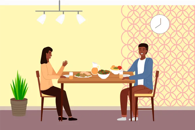 Table With Fruit Salad And Sandwiches Family Is Eating Natural Food Characters In Relationship Are Having Date In The Restaurant Afro American People Are Communicating And Spending Time Together Illustration