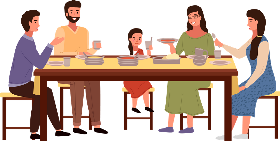 Family eating indian food together on table  Illustration