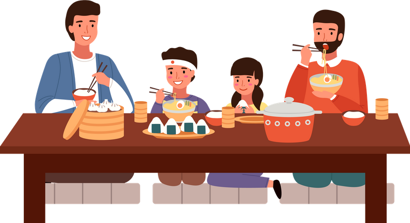 Family eating Japanese food at home  Illustration