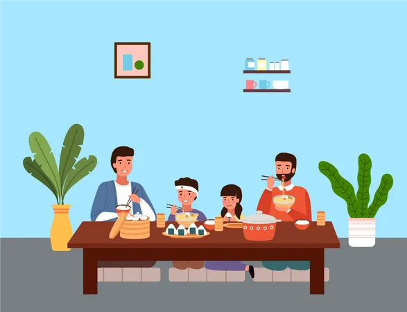 Family eating Japanese-style evening dinner  Illustration