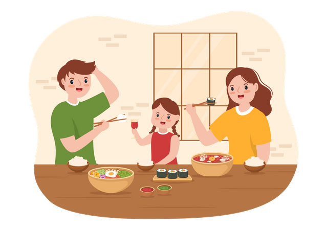 Family eating korean food  Illustration