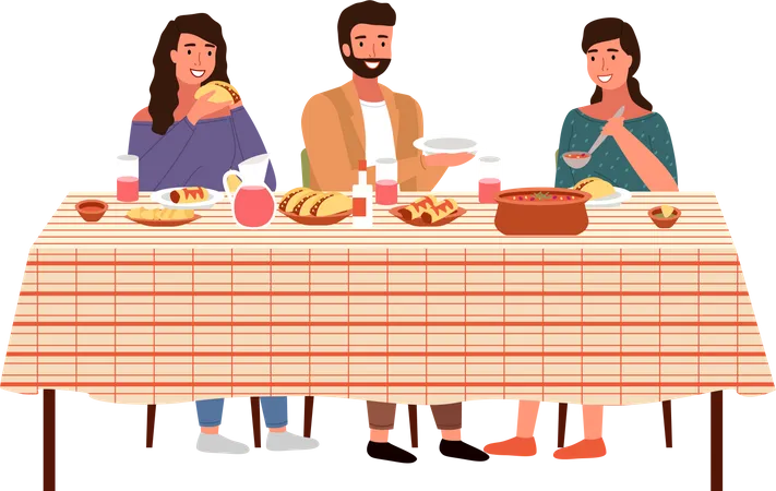 Characters Eating Mexican Cuisine Dishes People Dinner At Home Isolated On White Dining Table With Tacos And Burritos Family With Mexican Food On The Table Relatives Communicate Together 일러스트레이션