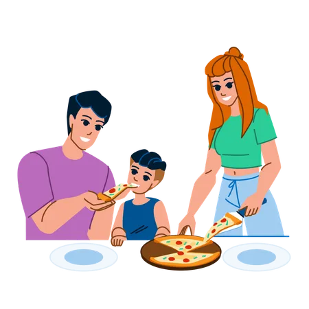 Family Eating Pizza Vector Food Dinner Home Happy Caucasian Girl Lunch Child Female Together Male Meal Mother Indoors Family Eating Pizza Character People Flat Cartoon Illustration Illustration