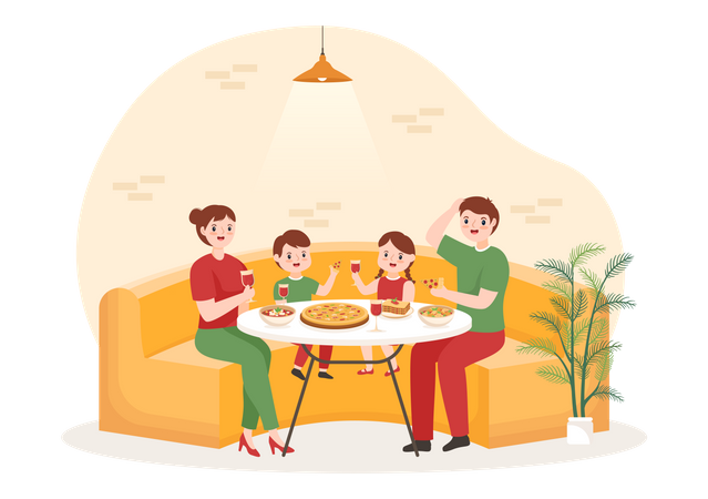 Family eating pizza at Italian restaurant  Illustration