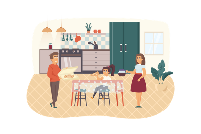 Family eating pizza in kitchen together  イラスト