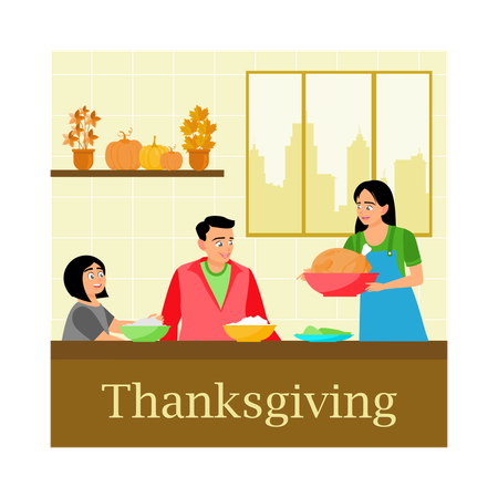 Family eating together at dinner table and Celebrate Thanksgiving Day  Illustration