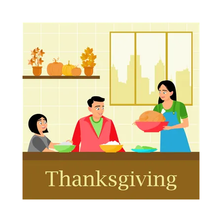 Family eating together at dinner table and Celebrate Thanksgiving Day  Illustration