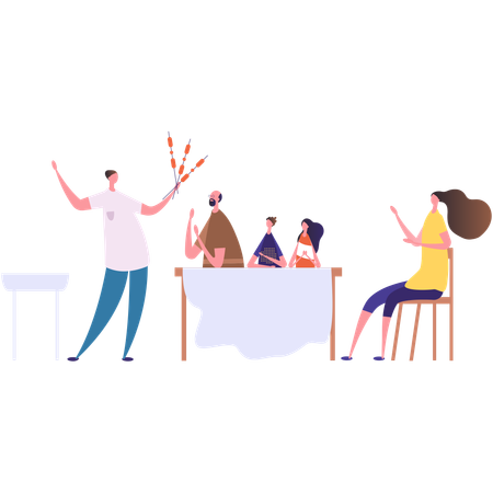 Family eating together on dinner table  Illustration
