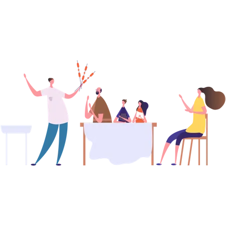 Family eating together on dinner table  Illustration