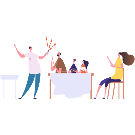 Family eating together on dinner table  Illustration