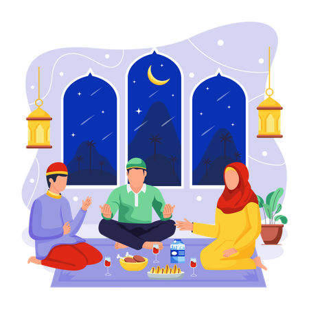 Family eats food in Iftar timing  Illustration