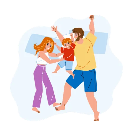 Family Enjoy Fun Time In Bedroom Together Vector Father Mother And Son Laying On Bed And Relaxing Togetherness In Bedroom Happy Characters Recreation At Home Flat Cartoon Illustration Illustration