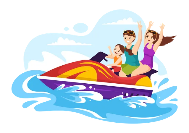 Family enjoy jet ski ride  Illustration