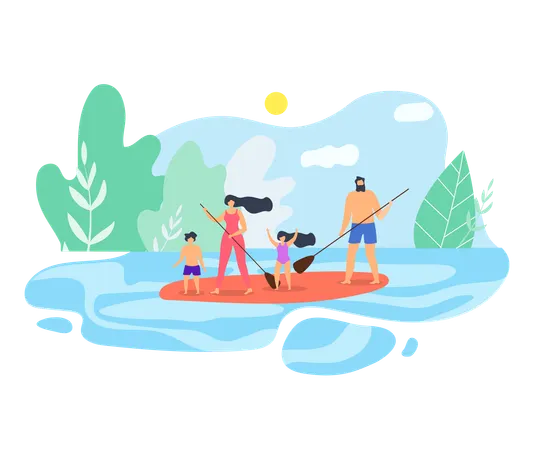 Family enjoy Vacation at Lake Illustration