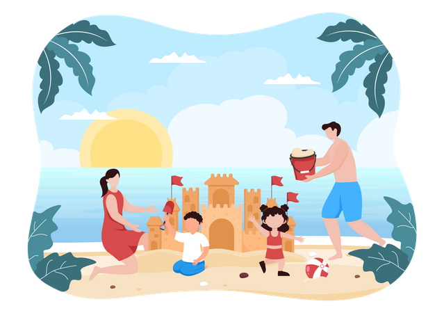 Family Enjoying at Beach  Illustration