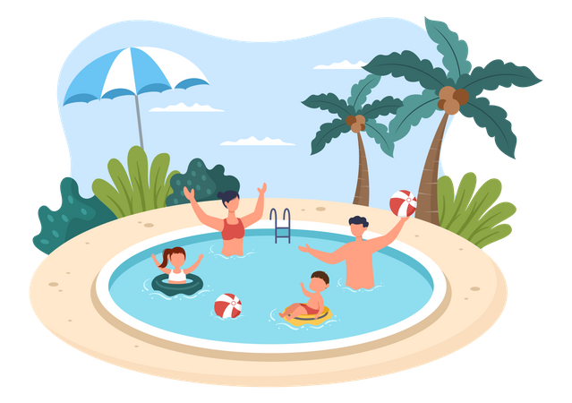 Family Enjoying at Swimming Pool  Illustration