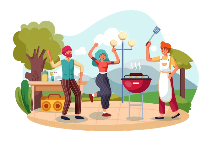 Family enjoying Barbecue Party Illustration