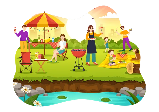 Family enjoying Barbecue party  Illustration