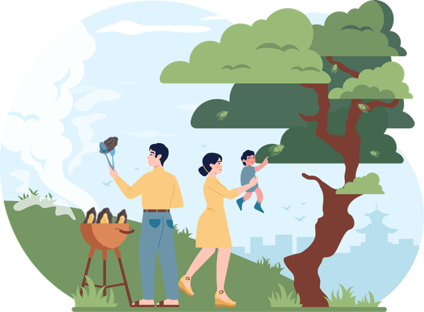 Family enjoying barbeque in garden  Illustration
