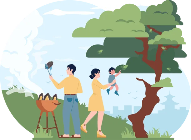 Family enjoying barbeque in garden  Illustration