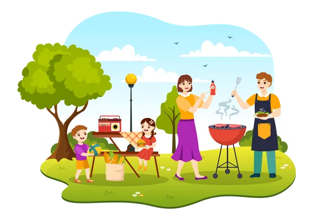 Family enjoying BBQ Party  Illustration