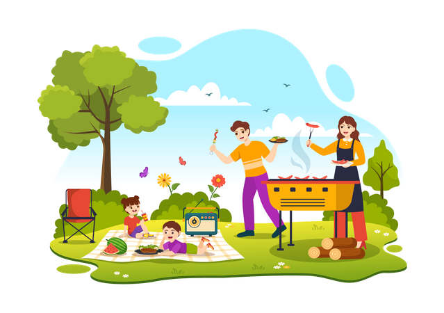 Family enjoying BBQ Party in park  Illustration