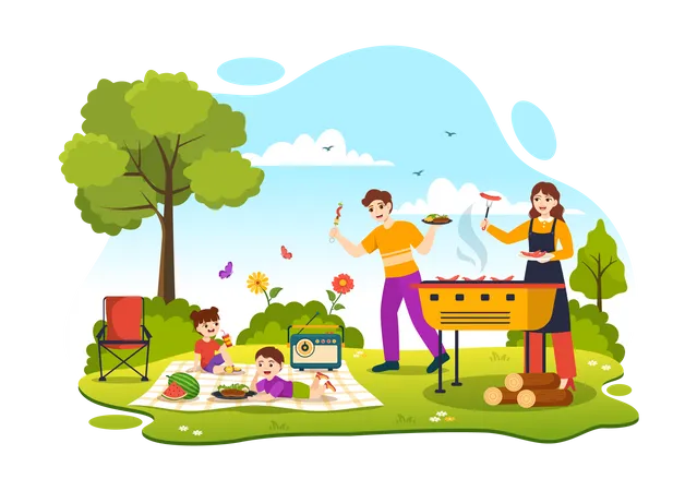 Family enjoying BBQ Party in park  Illustration