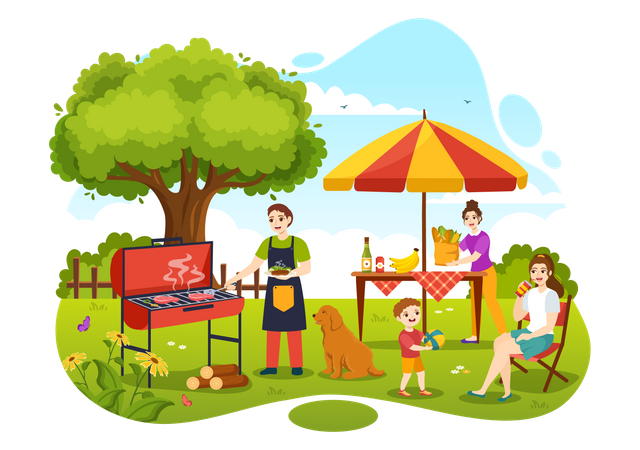 Family enjoying BBQ Party in park  Illustration