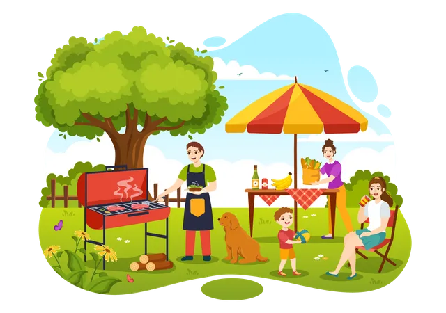 Family enjoying BBQ Party in park  Illustration