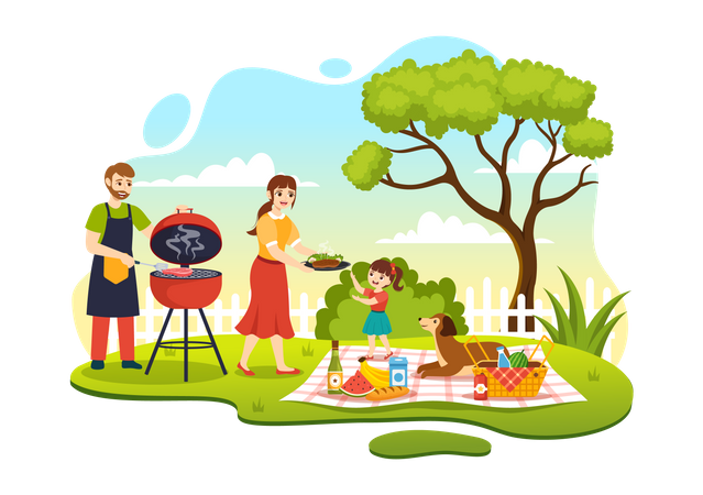 Family enjoying BBQ Party in park  Illustration