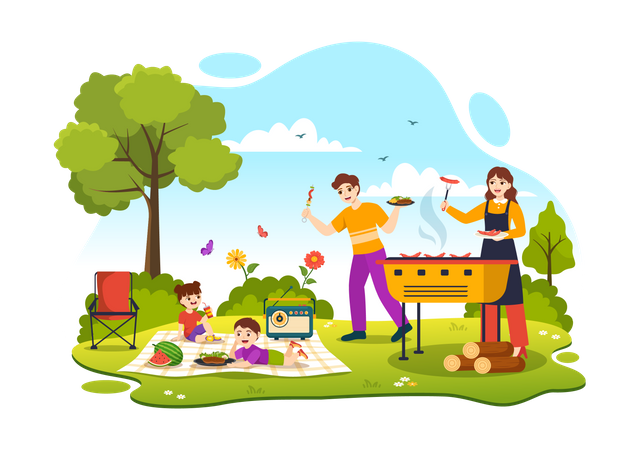 Family enjoying BBQ Party in park  Illustration