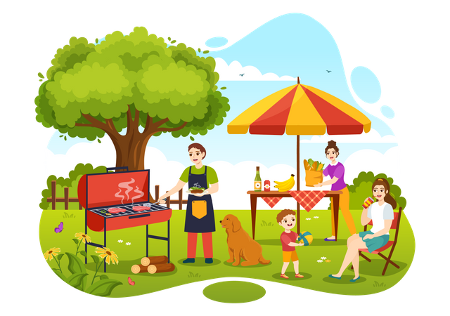 Family enjoying BBQ Party in park  Illustration