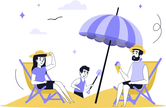 Family enjoying beach vacation  Illustration
