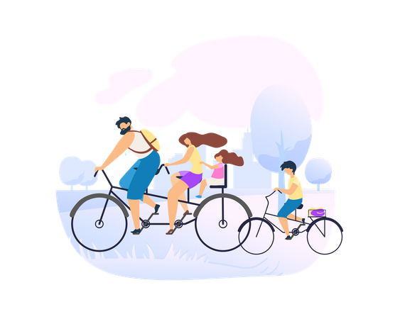 Family enjoying bike riding in the park  Illustration