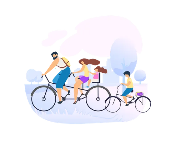 Family enjoying bike riding in the park  Illustration