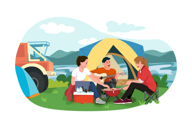 Family Enjoying Camping Illustration