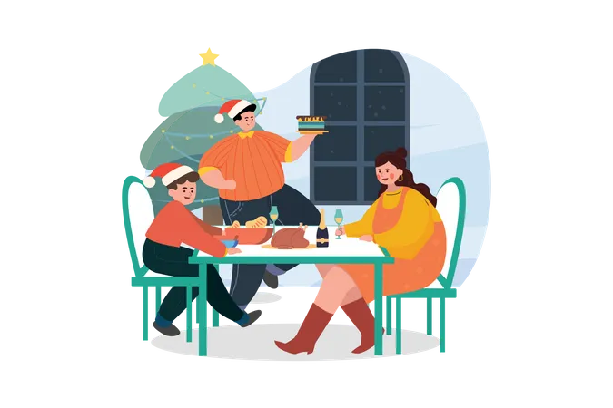 Family Enjoying Christmas Dinner  Illustration