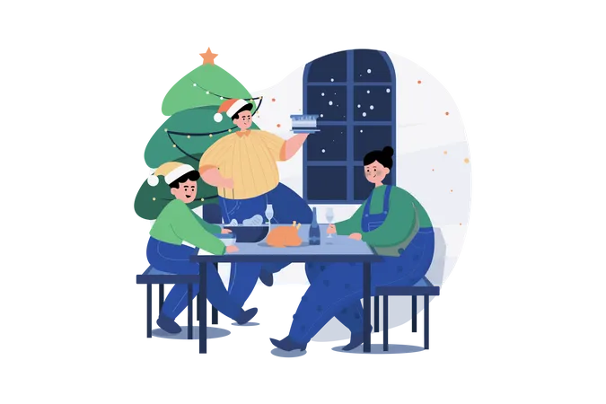 Family Enjoying Christmas Dinner  Illustration