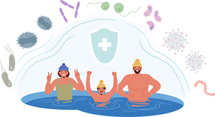 Family Enjoying Cold Water In Winter  Illustration