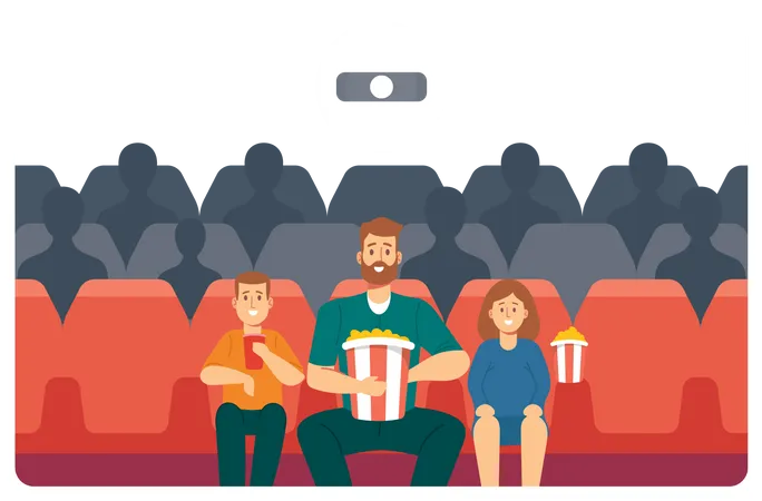 Family Enjoying Film in Cinema  Illustration