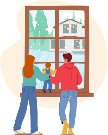 Family Enjoying First Snow  Illustration