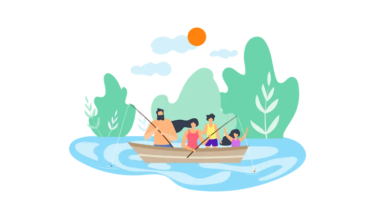Family enjoying fishing in the lake Illustration