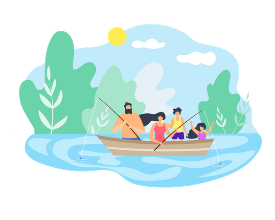 Family enjoying fishing in the lake  Illustration