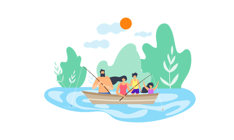 Family enjoying fishing in the lake  Illustration