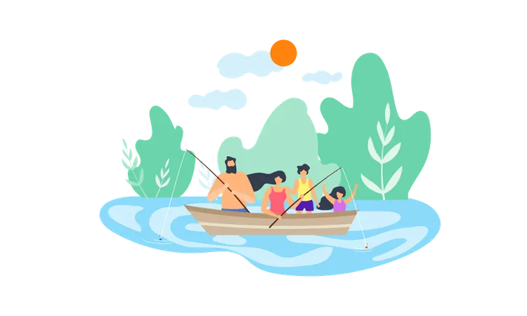 Family enjoying fishing in the lake  Illustration