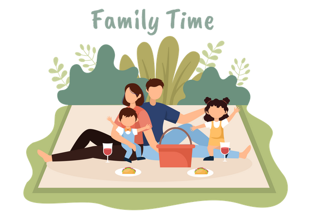 Family Enjoying in Picnic Time  Illustration