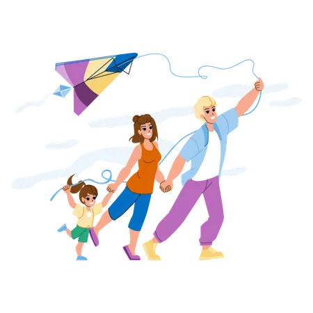 Family Kite Vector Happy Child Kid Together Father Nature Outdoor Summer Daughter Vacation Man Lifestyle Joy Family Kite Character People Flat Cartoon Illustration Illustration