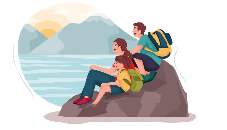 Family enjoying on lake side  Illustration